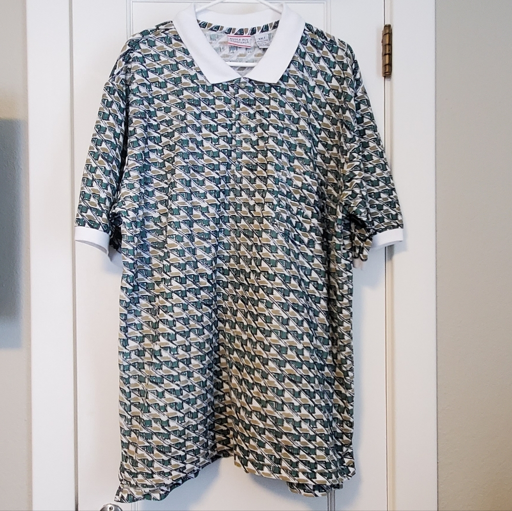 Vintage BUGLE BOY Polo Golf Plaid Checkered Geometric shirt XXLT green gold NWOT
